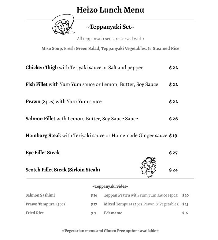 Photograph of the printed Heizo Lunch Menu listing teppanyaki sets and sides with prices